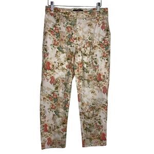 Peruvian Connection Womens Size 4 Floral Ankle Pants Cream Stretch Cotton
